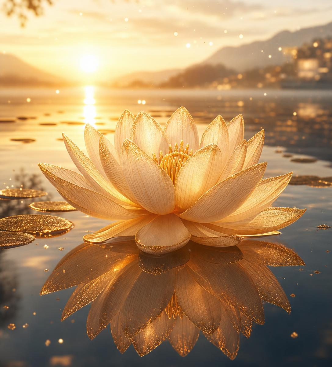 Lótus dourada refletida em um lago espelhado ao entardecer
